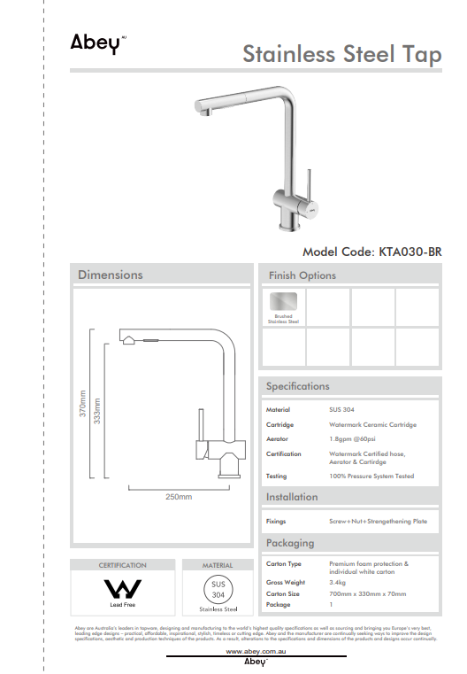 Abey 304 Square Neck Kitchen Mixer with Dual Spray Pull Out
