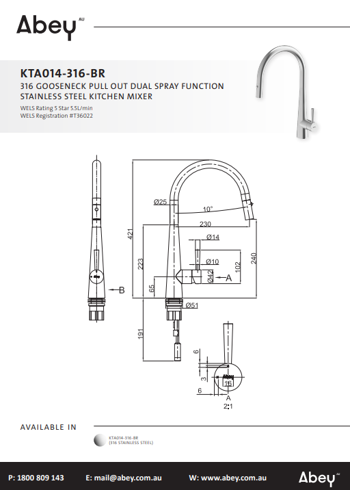 Abey 316 Gooseneck Pull Out Dual Spray Function Stainless Steel Kitchen Mixer