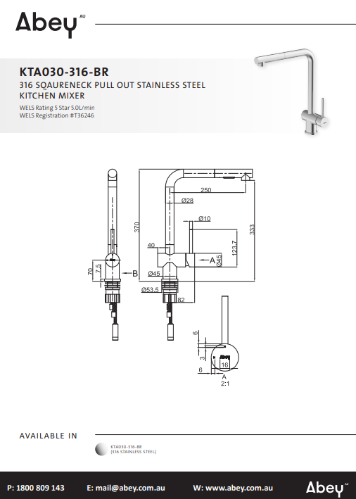 Abey 316 Squareneck Pull Out Stainless Steel Kitchen Mixer