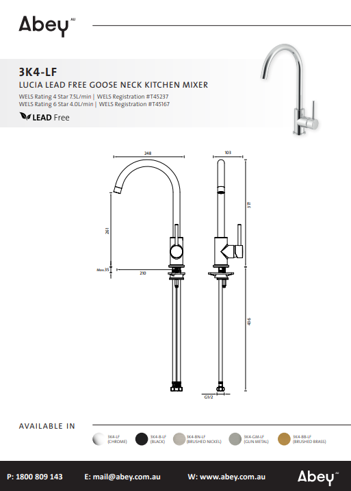 Abey Lucia Goose Sidelever Mixer Lead Free