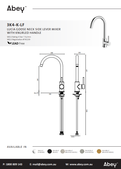 Abey Lucia Knurled Handle Goose Sidelever Mixer Lead Free