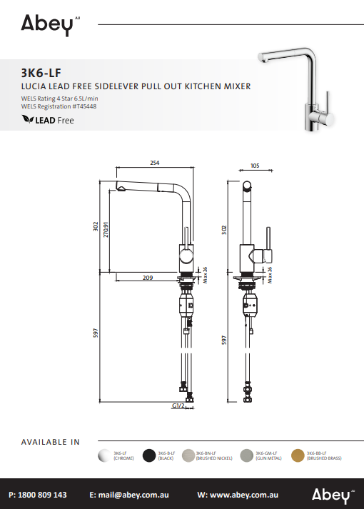 Abey Lucia Sidelever Mixer with Pull Out Lead Free