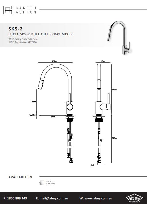 Abey Gareth Ashton Lucia SK5-2 Pull Out Spray Mixer