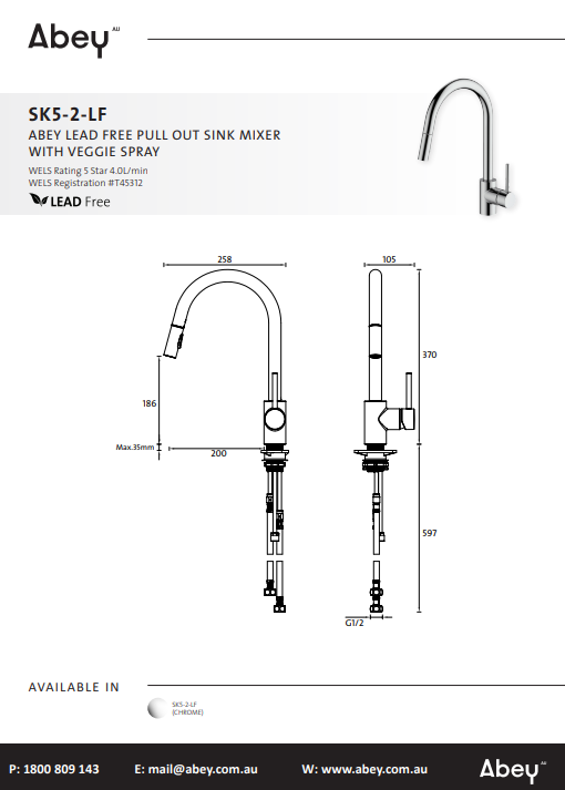 Abey Lucia SK5-2 Pull Out Spray Mixer Lead Free