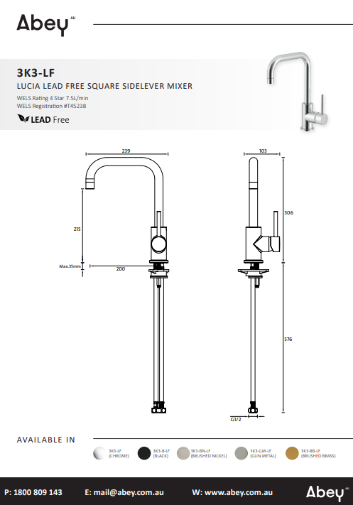 Abey Lucia Square Sidelever Mixer Lead Free