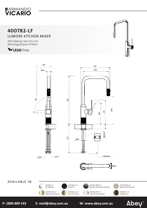Abey Vicario Lumiere Pull Out Kitchen Mixer Dual Spray Lead Free