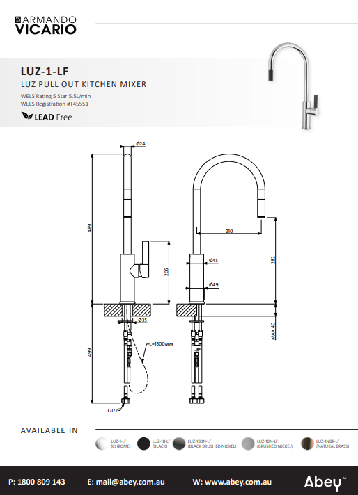 Abey Vicario Luz Gooseneck Pull-Out Mixer Lead Free