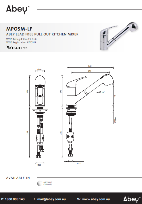Abey MixMaster MPOSM Sink Mixer with Pull-Out Spray Lead Free