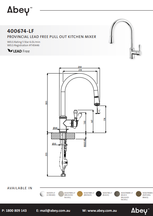 Abey Vicario Provincial Single Lever Kitchen Mixer with Pull Out Lead Free
