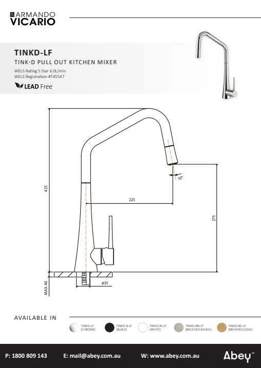 Abey TINK-D Kitchen Mixer With Pull-Out Lead Free