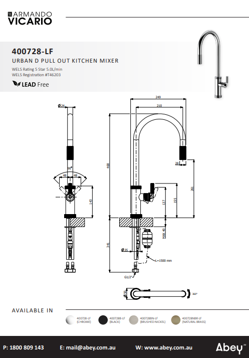 Abey Vicario Urban D Pull Out Kitchen Mixer Lead Free