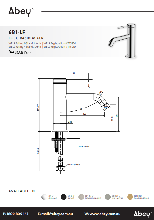 Abey Poco Basin Mixer Lead Free