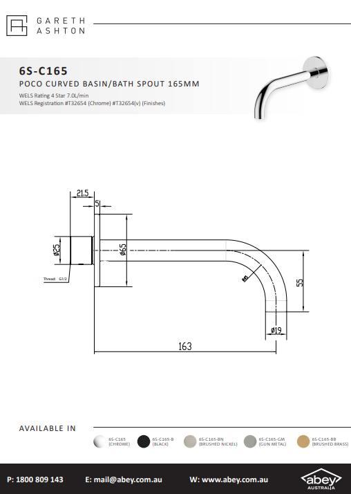 Abey Gareth Ashton Poco Basin Spout 165mm
