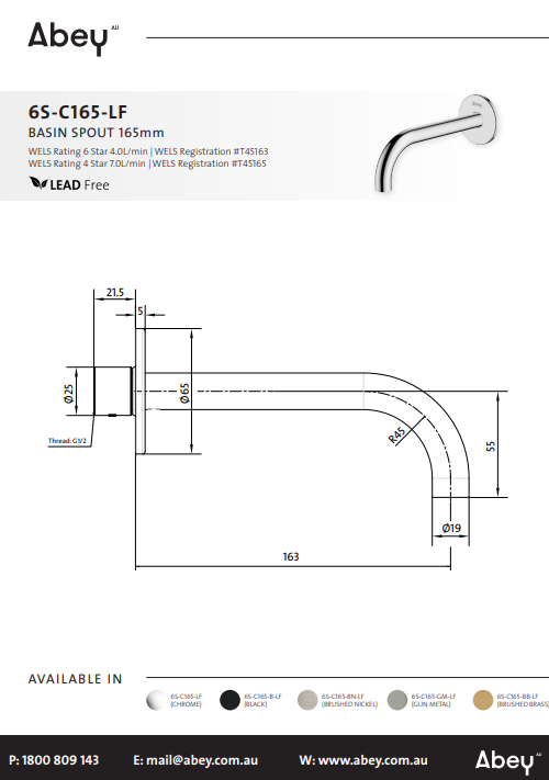 Abey Poco Basin Spout 165mm Lead Free