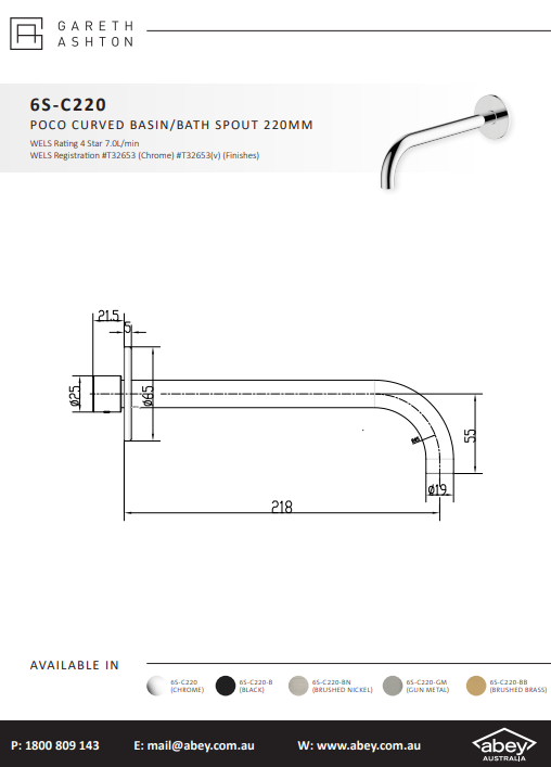 Abey Gareth Ashton Poco Basin Spout 220mm