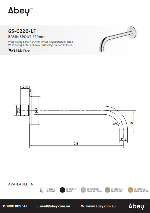 Abey Poco Basin Spout 220mm Lead Free