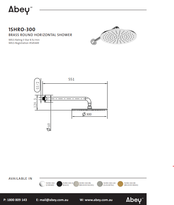 Abey Brass Round Horizontal Shower 300mm