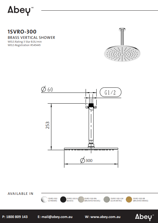 Abey Brass Round Vertical Shower 300mm