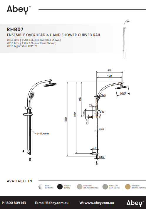 Abey Twin Curve Rail and Hand Shower Ensemble