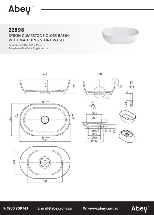 Abey Byron ClearStone Gloss Basin with Matching Stone Waste