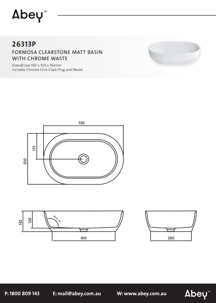 Abey Byron ClearStone Matt Basin with Chrome Waste