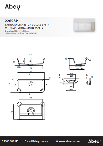 Abey Patinato ClearStone Gloss Basin with Matching Stone Waste