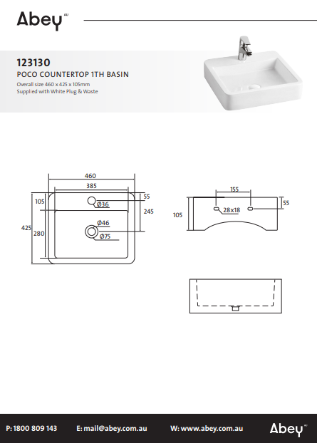 Abey Poco Countertop 1TH Basin