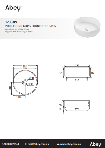 Abey Poco Round Gloss Countertop Basin