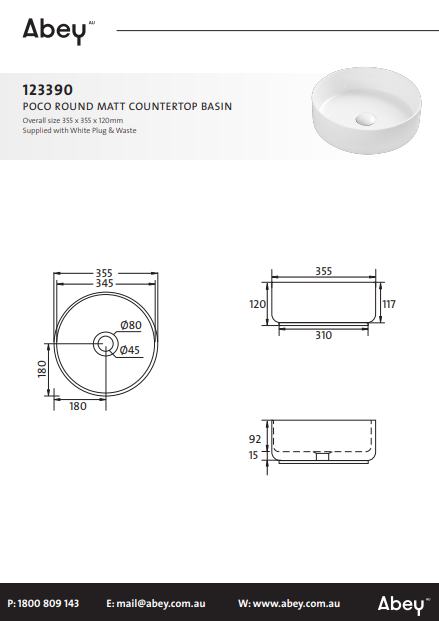 Abey Poco Round Matt Finish Countertop Basin