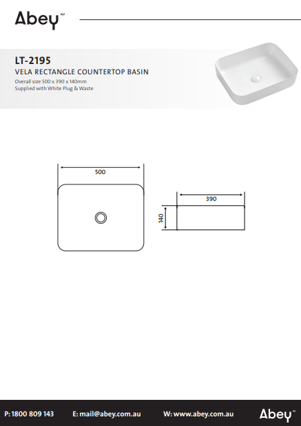 Abey Vela Rectangle Countertop Basin