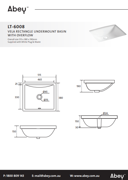 Abey Vela Rectangle Undermount Basin with Overflow