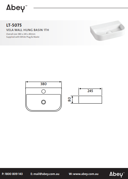 Abey Vela Wall Hung Basin 1TH