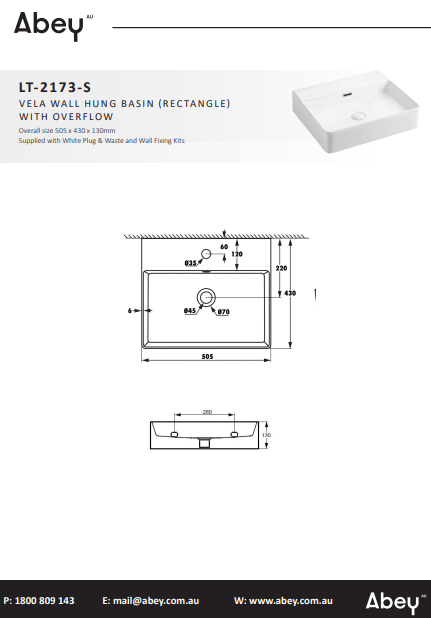 Abey Vela Wall Hung Rectangle Basin with Overflow 1TH