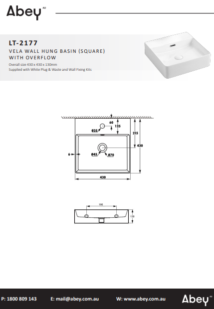 Abey Vela Wall Hung Square Basin with Overflow 1TH