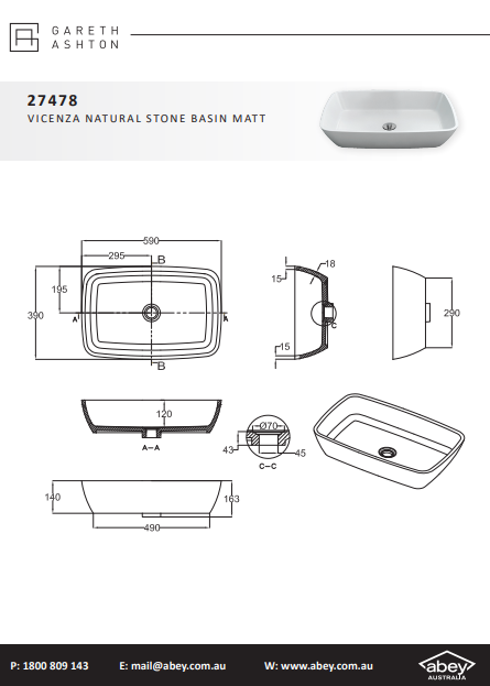 Abey Vicenza Natural Stone Basin Gloss
