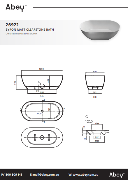Abey Byron Matt ClearStone Bath 1690mm