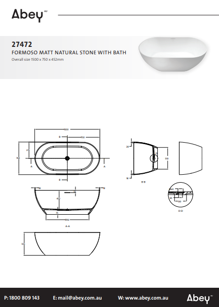 Abey Formoso 1500mm Natural Stone Bath Matt