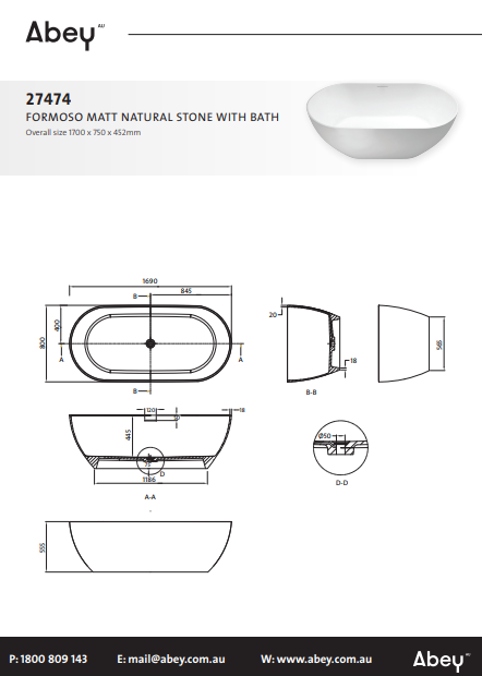 Abey Formoso 1690mm Natural Stone Bath Matt