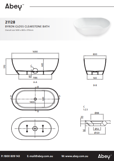 Abey Byron Gloss ClearStone Bath 1690mm
