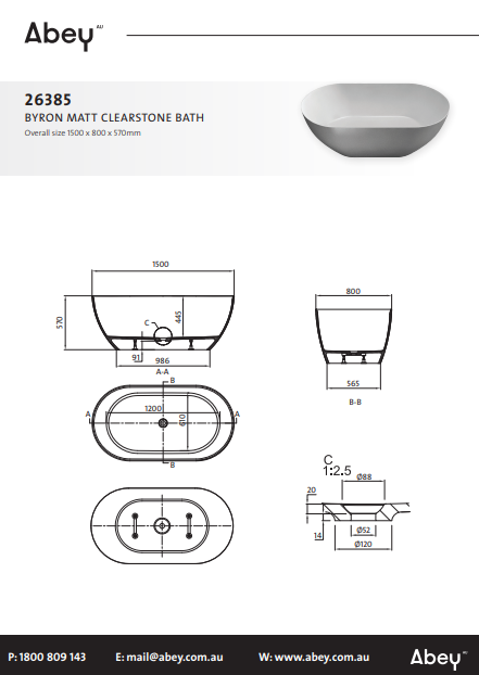 Abey Byron Matt ClearStone Bath 1500mm