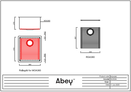 Abey Bottom Grid for Montego MOA360 & MOA360D Kitchen Sinks