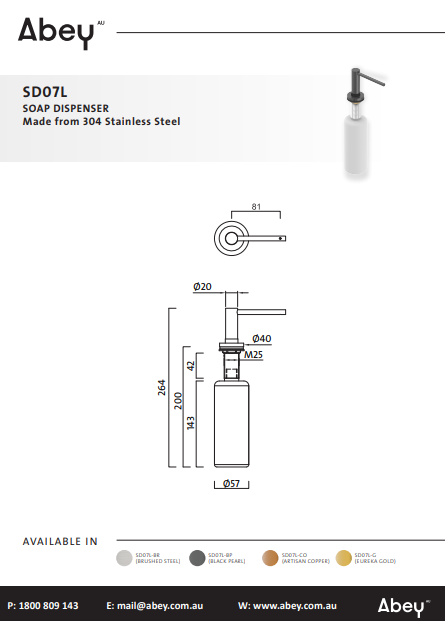 Abey Soap Dispenser Brushed Stainless Steel