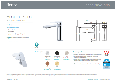 Fienza Empire Slim Cold Start Basin Mixer