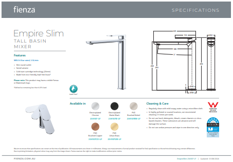 Fienza Empire Slim Cold Start Tall Basin Mixer