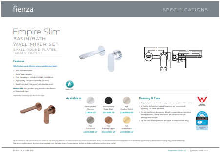 Empire Slim Basin/Bath Wall Mixer Set, Round Plates, 160mm Outlet