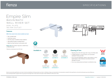 Fienza Empire Slim Basin/Bath Wall Mixer Set, Oval Plate, 160mm Outlet