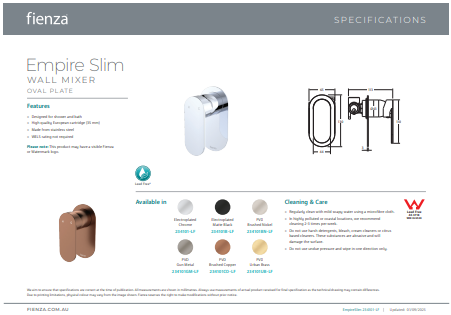 Fienza Empire Slim Wall Mixer, Oval Plate