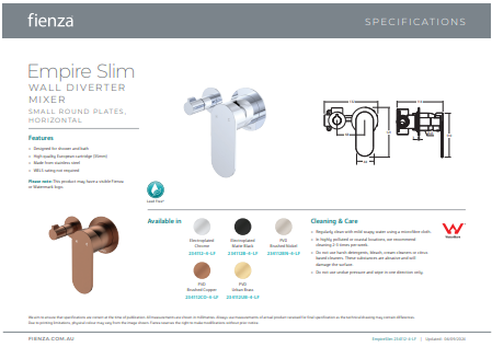 Fienza Empire Slim Wall Diverter Mixer, Small Round Plates, Horizontal