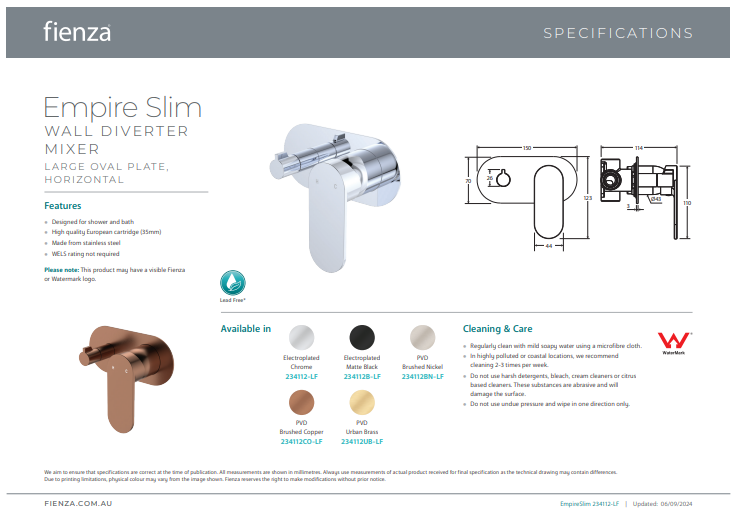 Fienza Empire Slim Wall Diverter Mixer, Large Oval Plate, Horizontal