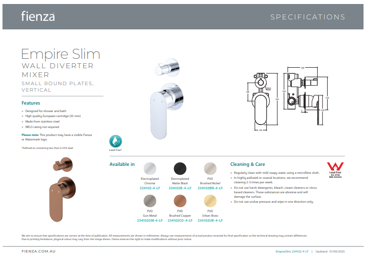 Fienza Empire Slim Wall Diverter Mixer, Small Round Plates, Vertical